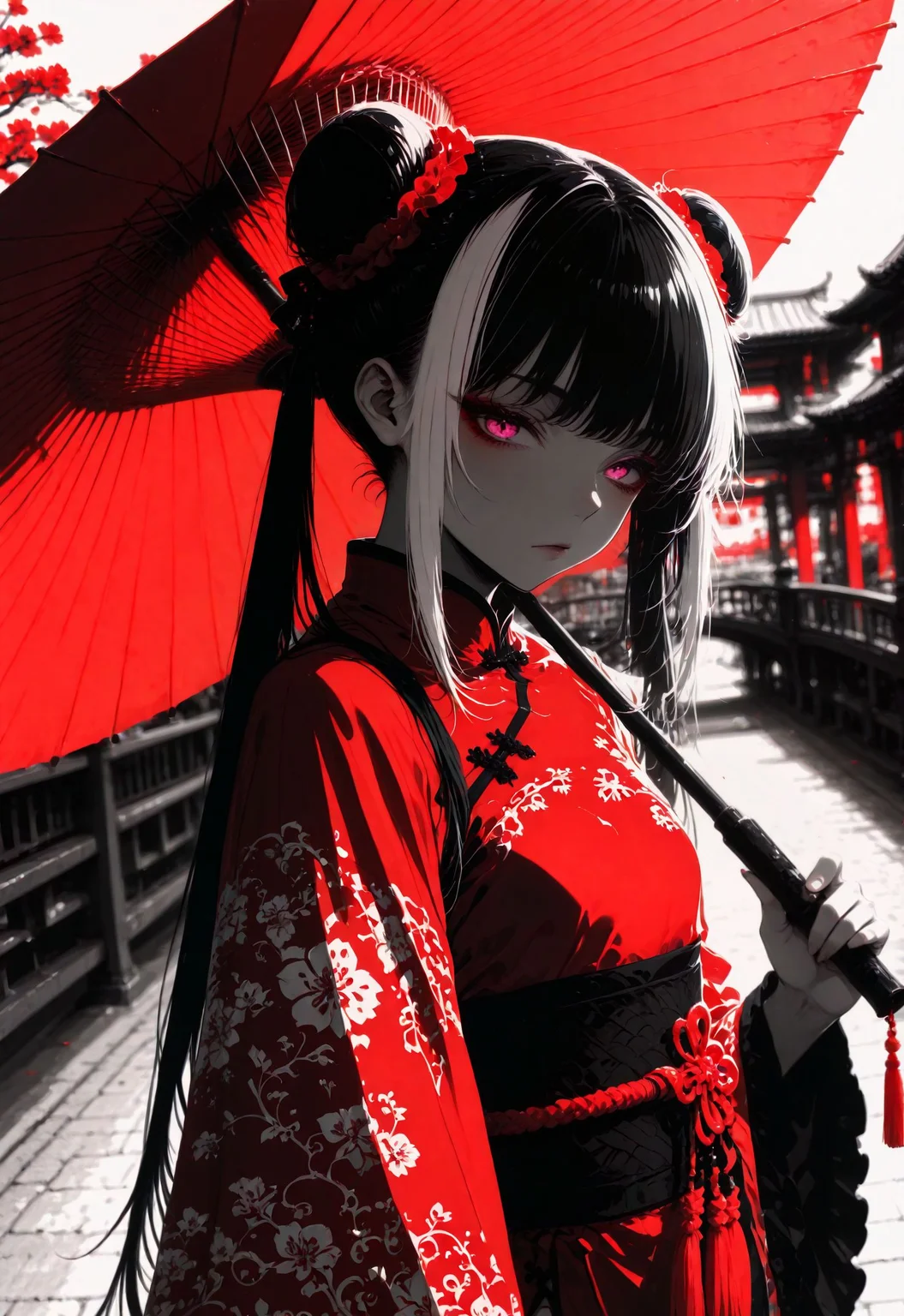 1girl, anime girl face scetch, scetch, lineart, minimalism, blending, spot color, flat color,
Jia Xichun, pink eyes, JiaXichunLimbus, long hair, twintails, multicolored hair, black hair, white hair, portrait, china dress, lonely,
bridge,holding umbrella,oil-paper umbrella,outdoors,sash,eastern asian architecture, shimenawa,wide sleeves,flower,obi,rope,long sleeves,upper body,
masterpiece, best quality,high quality, newest, HDR, 4ur4_illu,  dynamic pose,dynamic action,
dynamic pose, dynamic composition,dutch angle,depth of field, black and red theme, foreshortening,blurry edges,
8K, highres, absurdres,  <lora:illustriousXLv11_stabilizer_v1.113:0.3> <lora:ponyv6_noobV1_2_adamW:0.4> <lora:Aura_illu:1.0> <lora:Jia_Xichun_Illustrious:0.75> <lora:Sinozick_style:0.4>
