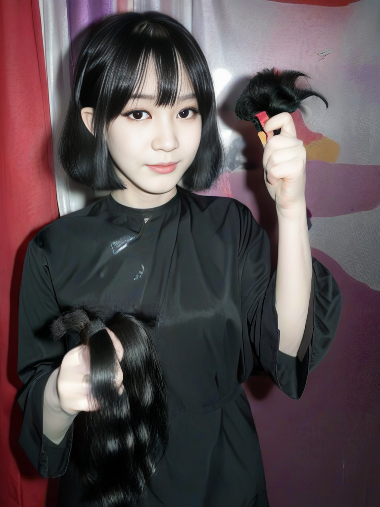 yandere goth girl, with a short hair holding a huge amount of her (cut off hair:1.2) <lora:extreme_haircut_v2:1>