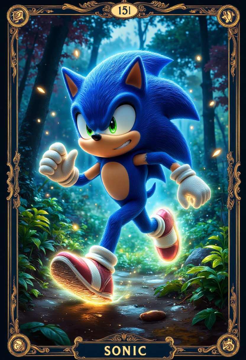 Sonic, running in Green Hill Zone, rings. Tarot Card, glow many details, extreme detailed, full of details
, detailmaximizer, aidmaglow, midjourneyv6.1