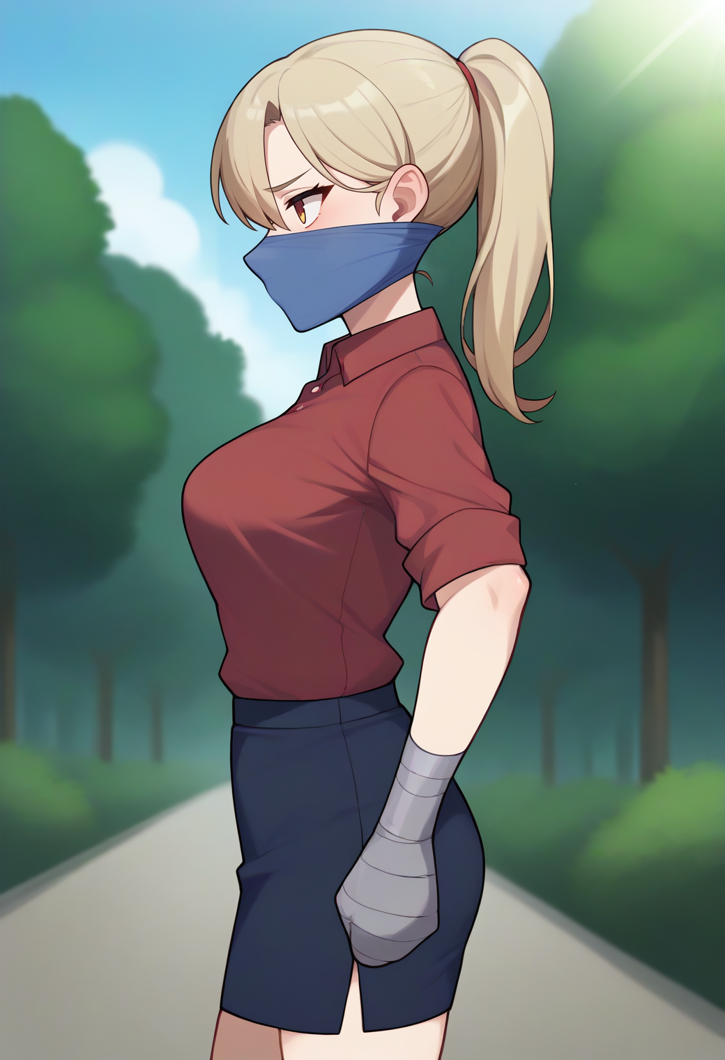 score_9,score_8_up,score_7_up,score_6_up,score_5_up,score_4_up, BREAK
1girl, office lady, collared shirt, pencil skirt, (medium breasts):1.2, ponytail, 
outdoors, nature, day, sunlight, horizon, solo, cowboy shot, from side, clenched hands, (arms at sides):1.3,
tapedhand, taped hands, taped fingers, over the nose gag, gagged,
<lora:tapedhandsponyxl-07:1>  <lora:otngagponyxl:1>