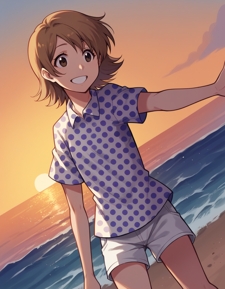score_9, score_8_up, score_7_up, source_anime, <lora:yuzu-kurosaki-anime-ponyxl-lora-nochekaiser:1>, yuzu, short hair, brown hair, brown eyes,, shirt, short sleeves, shorts, polka dot, white shorts,, beach, sunset, walking along shore, footprints in sand, waves, peaceful, smile, , hand reaching forward, knee up, arm down, solo,, cowboy shot, dutch angle