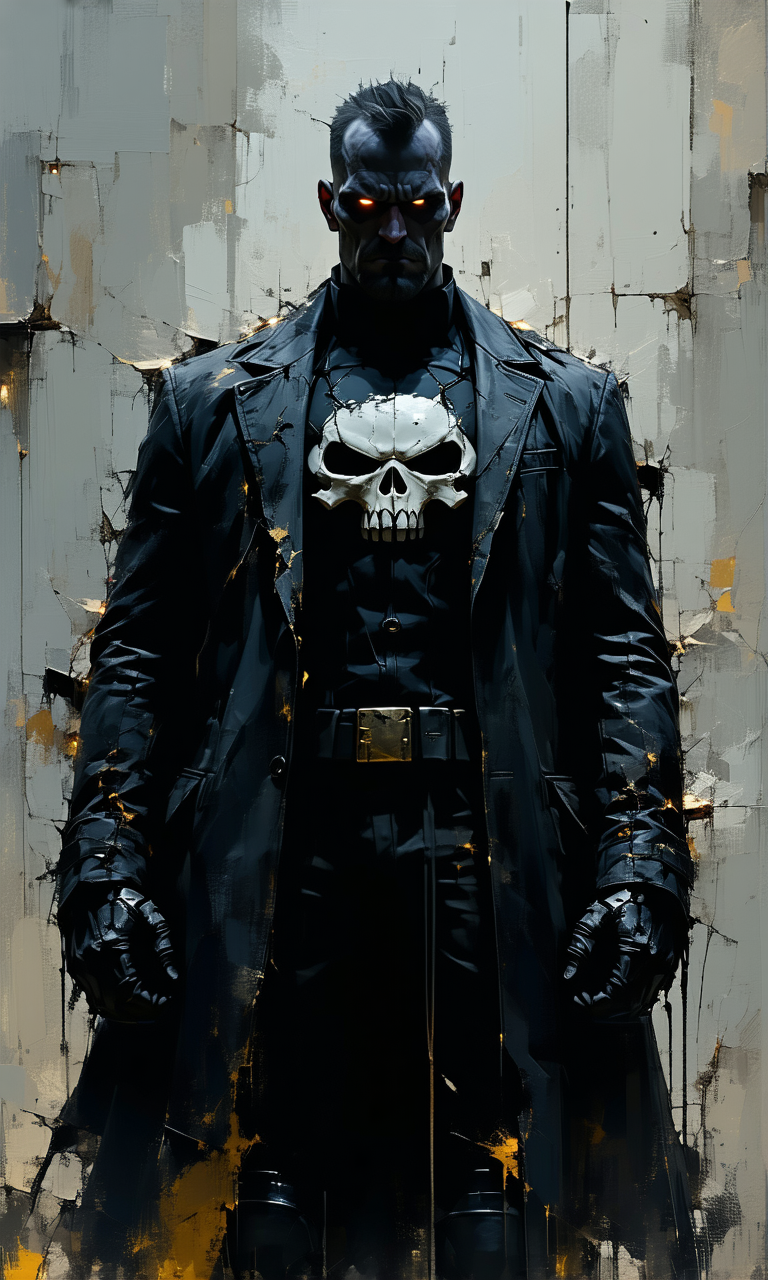 dystopian style The evil grotesque Punisher. bleak, post-apocalyptic, somber, dramatic, highly detailed, dramatic, mysterious,