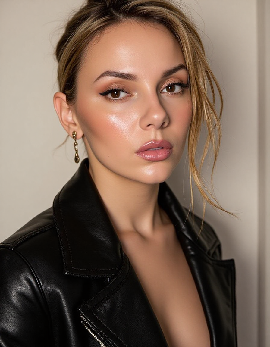Close up of Dafne Keen a young woman with blonde highlights wearing a black leather jacket and earrings, posing for a picture in front of a wall. She has a confident stance and her hair is styled in a sleek bob. Her makeup is subtle and natural, with a hint of pink blush on her cheeks and a glossy lip. 