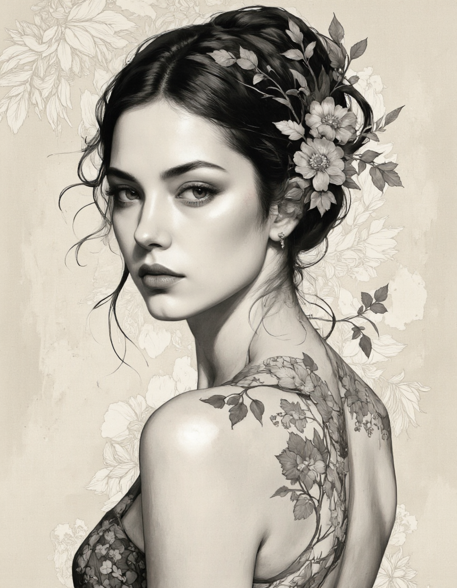 RedD3 style. A black and white, monochrome portrait of a young woman with a serious expression, captured from a profile angle, showcasing intricate floral designs on her shoulder and upper body. the subject is a beautiful woman with pale skin, dark hair styled in an elegant updo adorned with flowers and leaves, and her eyes are looking directly at the viewer. she is wearing a sleeveless dress with a floral pattern, showcasing her bare shoulders and shoulders. her expression is serene and contemplative, with her lips slightly parted and her eyebrows perfectly groomed. her hair is styled in a messy bun with loose strands framing her face, and she is adorned with a delicate floral headpiece and earrings. the background is a plain beige background with subtle floral patterns, adding to the overall aesthetic of the image. the artist's signature is visible in the bottom right corner, adding a touch of elegance to the otherwise monochromatic image.