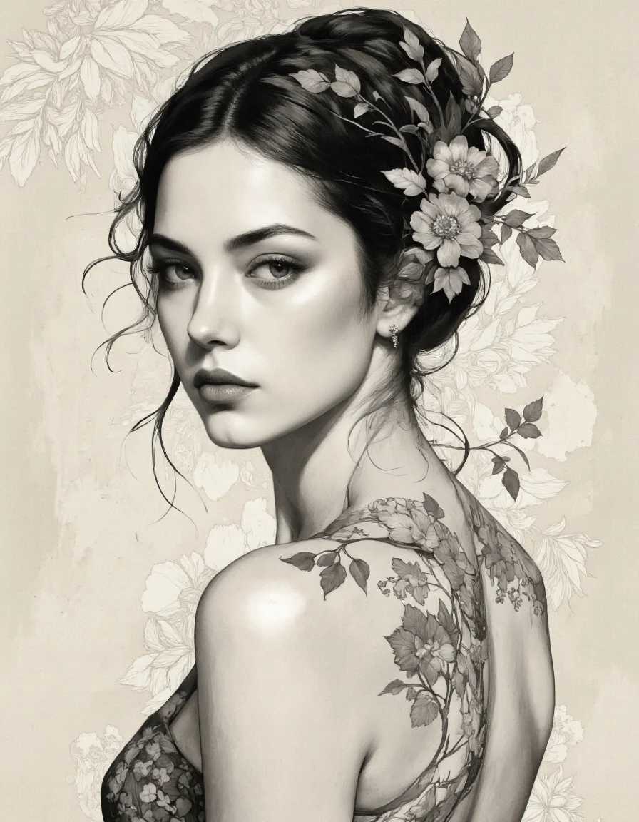 RedD3 style. A black and white, monochrome portrait of a young woman with a serious expression, captured from a profile angle, showcasing intricate floral designs on her shoulder and upper body. the subject is a beautiful woman with pale skin, dark hair styled in an elegant updo adorned with flowers and leaves, and her eyes are looking directly at the viewer. she is wearing a sleeveless dress with a floral pattern, showcasing her bare shoulders and shoulders. her expression is serene and contemplative, with her lips slightly parted and her eyebrows perfectly groomed. her hair is styled in a messy bun with loose strands framing her face, and she is adorned with a delicate floral headpiece and earrings. the background is a plain beige background with subtle floral patterns, adding to the overall aesthetic of the image. the artist's signature is visible in the bottom right corner, adding a touch of elegance to the otherwise monochromatic image.