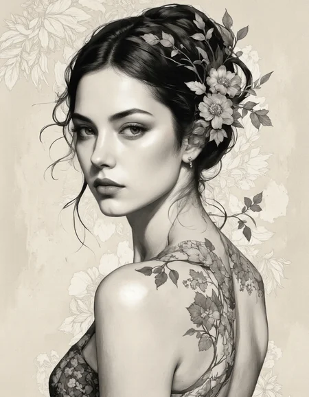 RedD3 style. A black and white, monochrome portrait of a young woman with a serious expression, captured from a profile angle, showcasing intricate floral designs on her shoulder and upper body. the subject is a beautiful woman with pale skin, dark hair styled in an elegant updo adorned with flowers and leaves, and her eyes are looking directly at the viewer. she is wearing a sleeveless dress with a floral pattern, showcasing her bare shoulders and shoulders. her expression is serene and contemplative, with her lips slightly parted and her eyebrows perfectly groomed. her hair is styled in a messy bun with loose strands framing her face, and she is adorned with a delicate floral headpiece and earrings. the background is a plain beige background with subtle floral patterns, adding to the overall aesthetic of the image. the artist's signature is visible in the bottom right corner, adding a touch of elegance to the otherwise monochromatic image.
