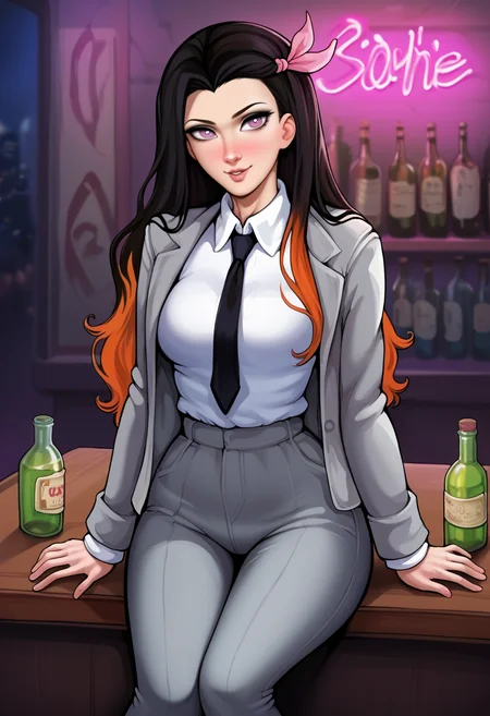 score_9, score_8_up, score_7_up,score_6_up, BREAK ict style,nose, lips,nezukob,1girl, solo,cowboy shot, black hair,two-tone hair, purple eyes, orange hair, white pupils, long hair,grey suit,grey jacket, white collared shirt,grey pants, black necktie,pink hair ribbon,medium breasts,indoors,bar,neon sign,shelf,bottle, smile,sitting, contrapposto <lora:AromaSenseiPony:1> <lora:NezukoPony_v2:0.8>