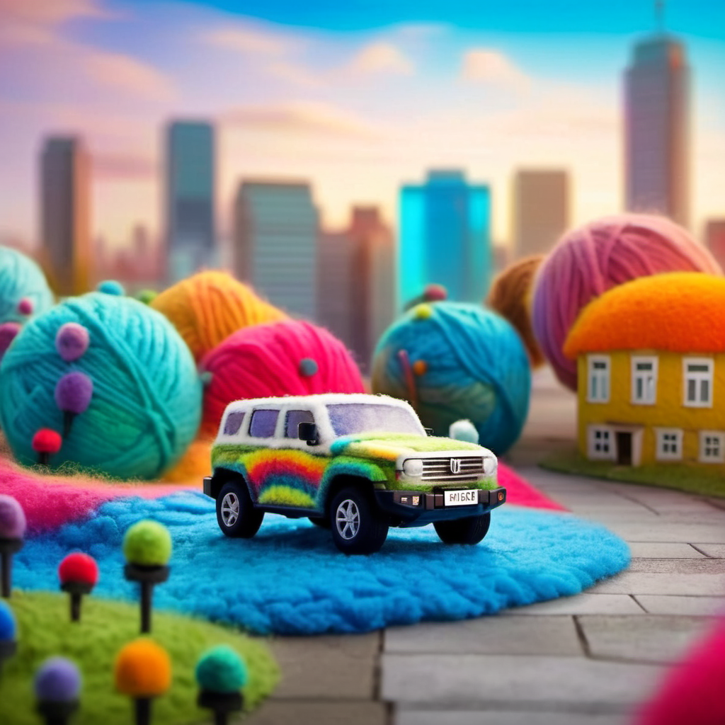 <lora:w00len:0.7> <lora:GWMTank300:0.5>  w00len, a wool fluffy  colorful(gwm tank 300 : 1.0) in front of a woolen colorful city, octane renderer, a tilt shift photo, net art, wide angle shot