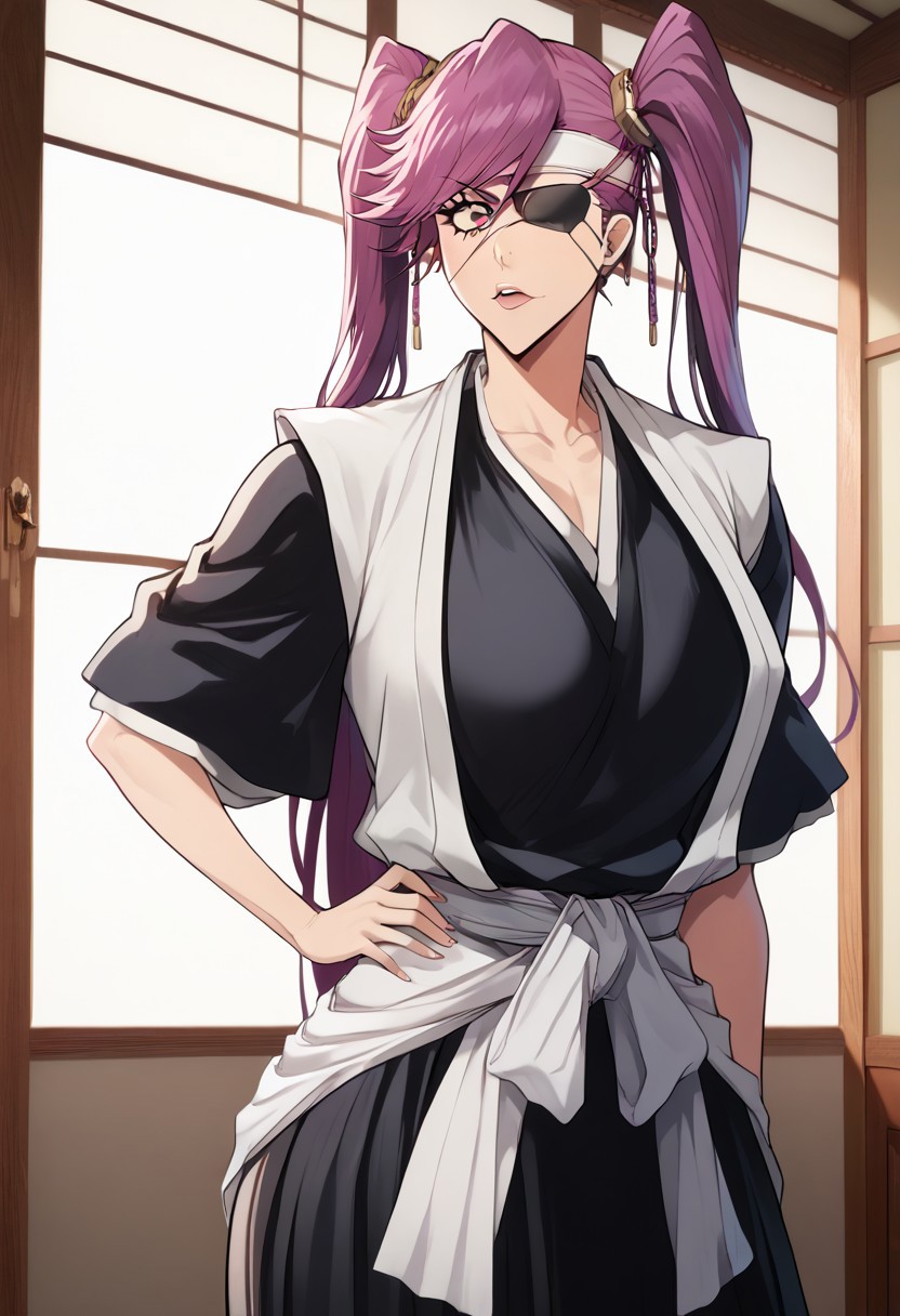 score_9, score_8_up, score_7_up, source_cartoon 1girl, saito_furoufushi, black kimono, white haori, white headband, eyepatch, ((solo)), ((solo focus)), makeup, cute, feminine body, (feminine face), (feminine hairstyle, long hair, side bangs)), tight clothes, cowboy shot, large breasts, wide hip, bubblebutt, huge butt, thick thighs, small waist, (rim lighting, studio lighting), detailed eyes, ultra-detailed, ((flirty)), ((sexy pose)), huge breasts, <lora:Bleach_TYBW:1>
