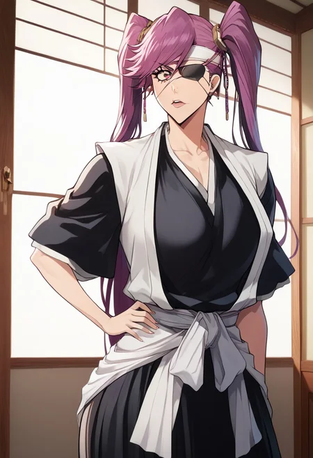 score_9, score_8_up, score_7_up, source_cartoon 1girl, saito_furoufushi, black kimono, white haori, white headband, eyepatch, ((solo)), ((solo focus)), makeup, cute, feminine body, (feminine face), (feminine hairstyle, long hair, side bangs)), tight clothes, cowboy shot, large breasts, wide hip, bubblebutt, huge butt, thick thighs, small waist, (rim lighting, studio lighting), detailed eyes, ultra-detailed, ((flirty)), ((sexy pose)), huge breasts, <lora:Bleach_TYBW:1>