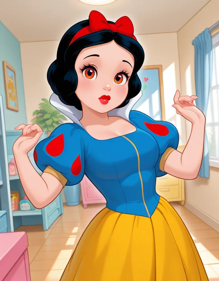 masterpiece, best quality, amazing quality,  very aesthetic, absurdres,  newest, detailed background, 4k, 8k, indoors, beautiful eyes, hyperdetailed, nursery,
snowwhitexd, 1girl, solo, medium breasts, short hair, balck hair, lips, red lips, blue shirt, puffy sleeves, short sleeves, yellow skirt, red hairbow, looking at viewer, 
 <lora:Snow_White_-_Disney_Illustrious:1>