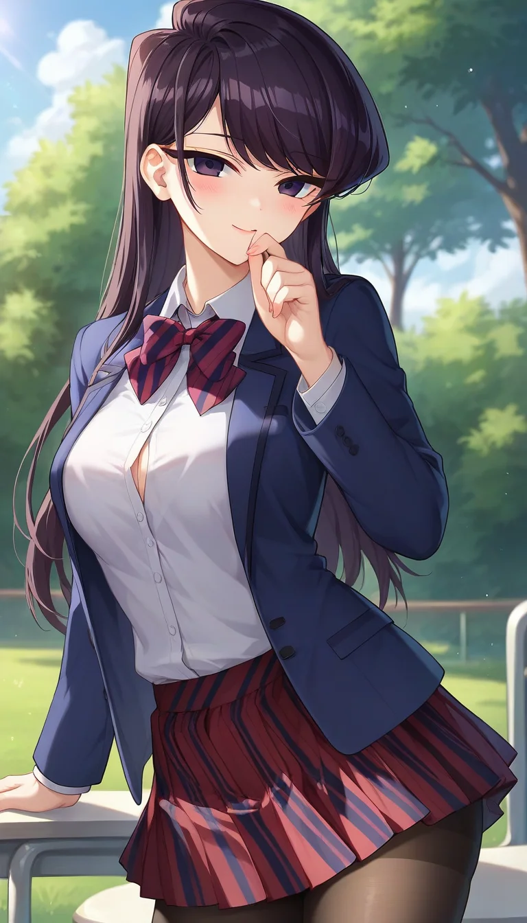 score_9,score_8_up,score_7_up,score_6_up BREAK official art,solo,outdoors,upper body,(portrait:1.5),looking at viewer,facing viewer,smile,blush,Komi Shouko,long hair,black hair,sidelocks,swept bangs,black eyes,school uniform,blue jacket,blazer,collared shirt,white shirt,red bowtie,striped bowtie,diagonal-striped bow,medium breasts,skindentation,long sleeves,red skirt,pleated skirt,striped skirt,black pantyhose,loafers,<lora:Komi Shouko(kcc)-Pony:1.2>,