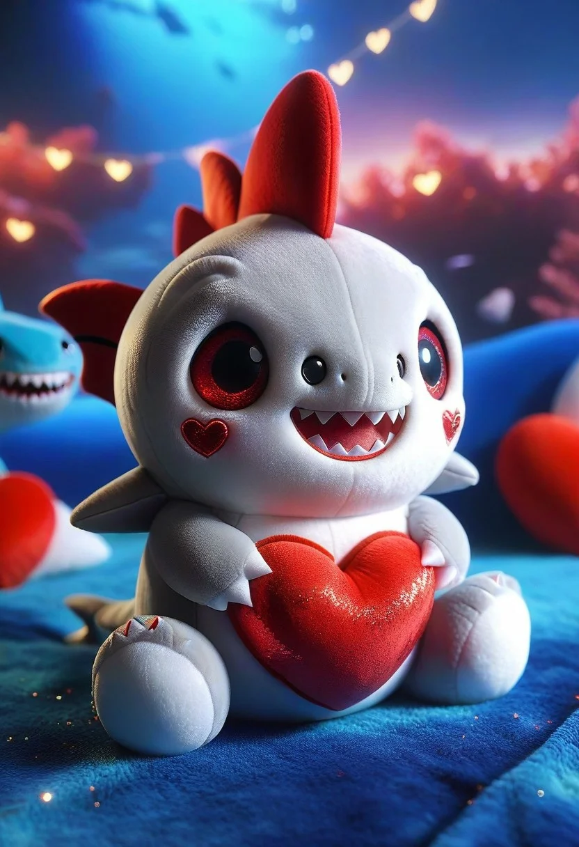 a evil shark, plush, sparkling eyes, smile, excited, masterpiece, best quality, good quality, latest, ral-smlvltnpls, funny theme, plush sea background