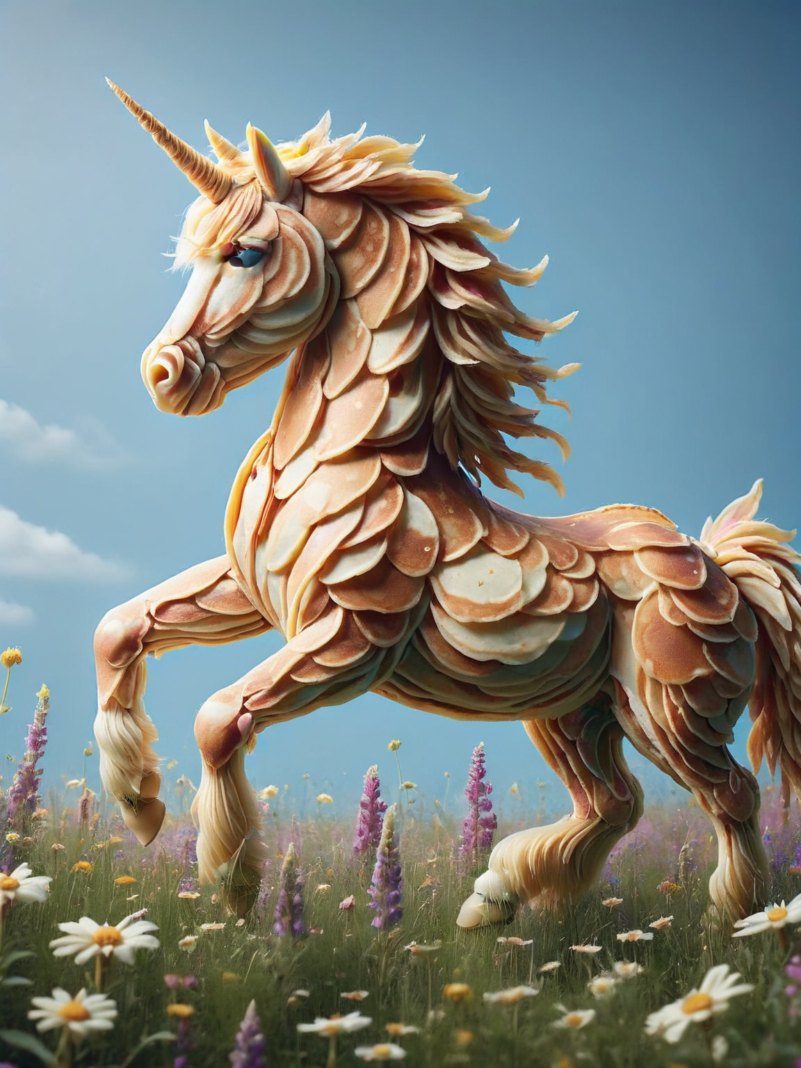 A playful ais-pncks unicorn frolicking through a field of wildflowers <lora:ais-pncks-sdxl:1>
