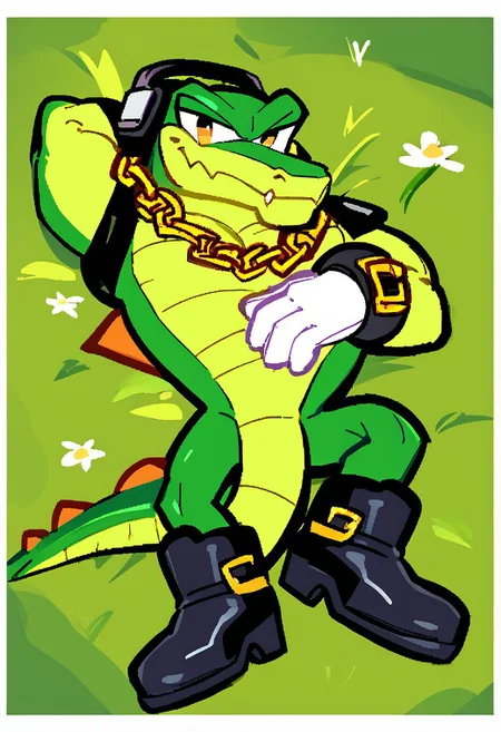 (((beautiful, high quality))), score_9, score_8_up, score_7_up, score_9, score_8_up, score_8, 2d, absurd_res, hi_res, easynegative,Vector the crocodile,headphones, gold chain necklace, white gloves, black boots, male, (solo:1.3), looking at viewer, shiny body, grass field background, laying on his back, hand behind head, hand on grass, thick lineart, white borders around character, tail, happy,