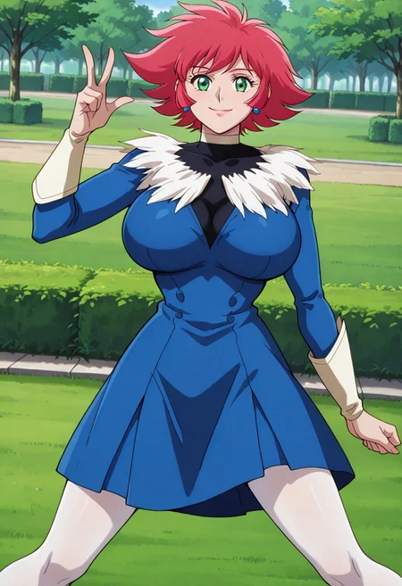 <lora:anime_screencap-IL v-pred:1>, anime screencap, anime coloring, amazing quality, very aesthetic, absurd resolution, masterpiece, 4k resolution, perfect anatomy, perfect eyes, (hand with four fingers and one thumb), BREAK 1girl, 3/4 body shot, <lora:Cutie_Honey:1>, Shin_cutie_honey, red hair, hair, short hair, green eyes, earrings, choker, huge breasts, sexy standing pose, legs apart, lewd lower body, shifting her hips, looking at viewer, happy smile, joy, (<lora:blue_concert_ill-05:1>, (blue shirtdress, v-neck, white feather neckline, blue buttons, long sleeves, blue sleeves, knee-length dress, white feather hemline,), (black turtleneck, sleeveless, under dress,), white pantyhose, ), breast focus, BREAK (park, bushes, grass, no men, 1girl, solo,),