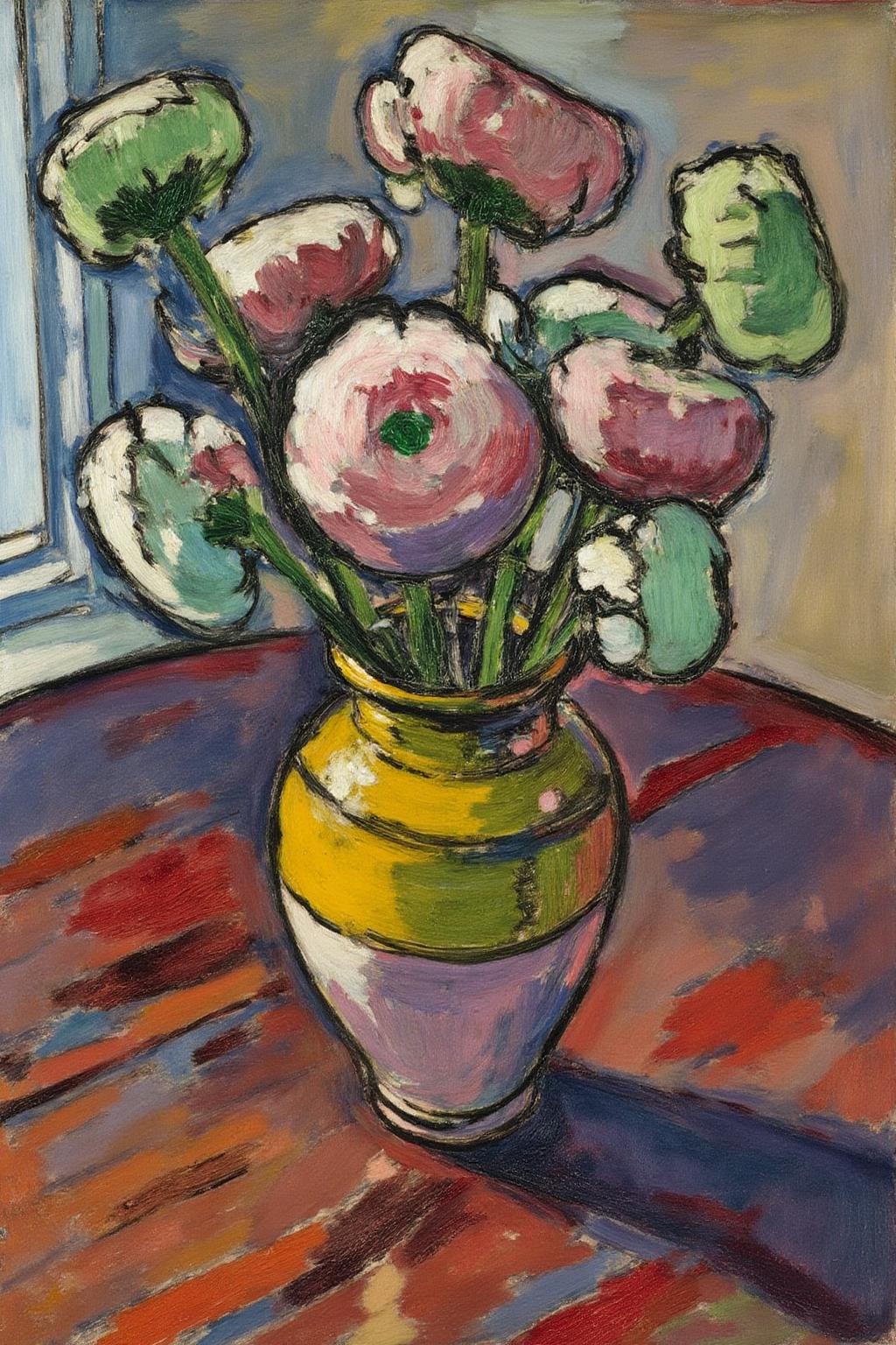 henrylymansayen1 painting.
A still life with a yellow and green vase filled with pink and green flowers. The vase sits on a wooden surface with a multicolored pattern in red, blue, and purple. A window with a light blue frame is in the background, letting in light. <lora:henrylymansayen1_cap_d6a3:1.0><lora:861461171583113587:0>