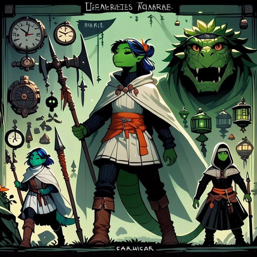 bddstyle, clock, pleated skirt, knee boots, closed eyes, artist name, polearm, ribbed sweater, sash, half updo, green skin, black pants, multicolored hair, orange eyes, headband, lantern, nature, vampire, tail, eyeshadow, turtleneck, white cloak, hooded cloak, standing, axe in hand,