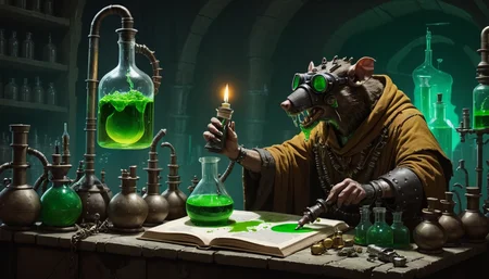 A digital painting of a Skaven alchemist from the Warhammer fantasy setting. He is shown in a laboratory, surrounded by potions and strange contraptions. He is wearing a tattered robe and has a pair of goggles on his head. He is holding a glass vial filled with a green liquid and is looking at it intently. There are two other rats in the laboratory, one of which is sniffing at a book, and the other is looking at the alchemist. The laboratory is dimly lit, with a single candle providing illumination.
<lora:Skaven-000008:1>