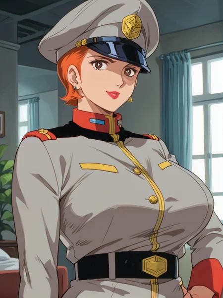 zPDXL, score_9, score_8_up, score_7_up, best quality, source anime, rating explicit,
<lora:FGMatildaAdjan:0.8>, FGMatildaAdjan, brown eyes, short hair, hair slicked back, orange hair, lipstick, huge breasts, peaked cap, grey headwear, military uniform, grey jacket, belt, white pants, looking at viewer, seductive smile, bedroom, indoors