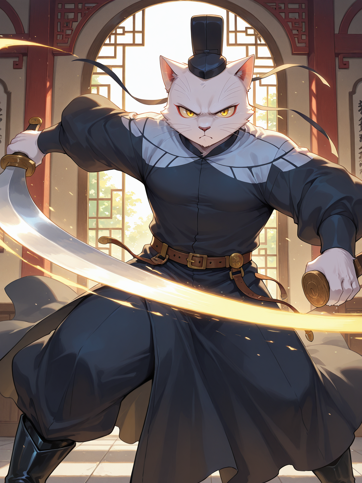 <lora:LiBing-illustriousXL-New-000016:0.8>,libing,1boy,furry,solo,cat boy,furry male,mature male,male focus,official uniform,official hat,black hat ribbon,belt,yellow eyes,black cloth boots,Tsundere,serious,holding sword,sunlight,glowing,slashing,chinese traditional architecture,looking_at_viewer,
cover,digital painting,artwork,anime style,masterpiece,best quality,amazing quality,