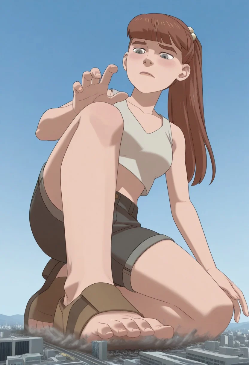 , giantess, full body view, foreshortening, foreshortening, Giantess, City, reaching for viewer, extremely close finger, kneeling, on one knee, giantess, from below, cross laced sandals, best quality, absurdres, 1girl, solo, breasts, hips, embarrassed
score_9, score_8_up, score_7_up, score_6_up, <lora:monster_girlIL:0.9> m_g, 1girl, brown ponytail hair, bangs, hairpin, small body, skinny body, grey eyes, wide hips, denim shorts, knee socks, crop top, bare shoulders, cute face,perfect anatomy
<lora:giantess-ponyxl-lora-nochekaiser:1> giantess, giant, city, building, outdoors, destruction,
