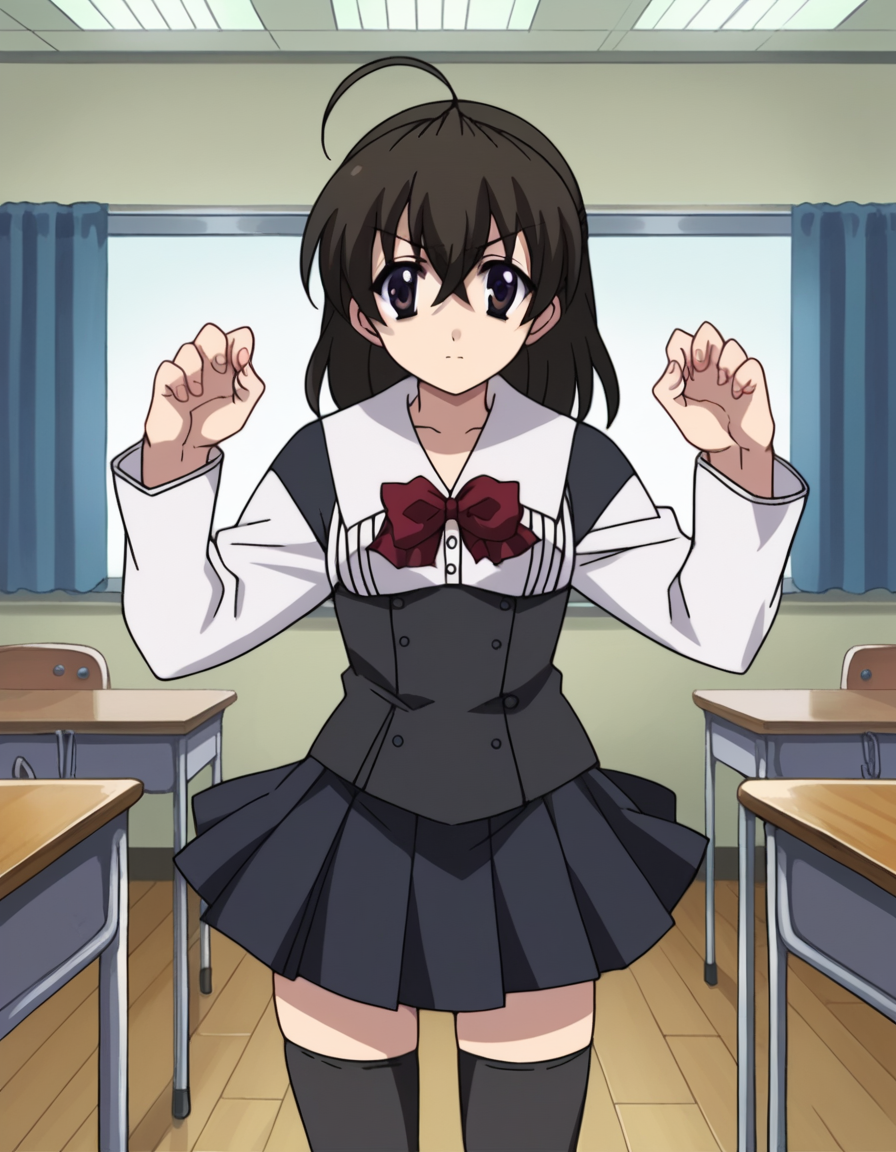 score_9, score_8_up, score_7_up, source_anime,
sekaisaionji, <lora:sekai-saionji-ponyxl-lora-nochekaiser:1>,
sekai saionji, black hair, brown eyes, ahoge,
skirt, thighhighs, school uniform, shoes, black thighhighs, zettai ryouiki,
indoors, classroom,
looking at viewer, cowboy shot, dynamic pose,