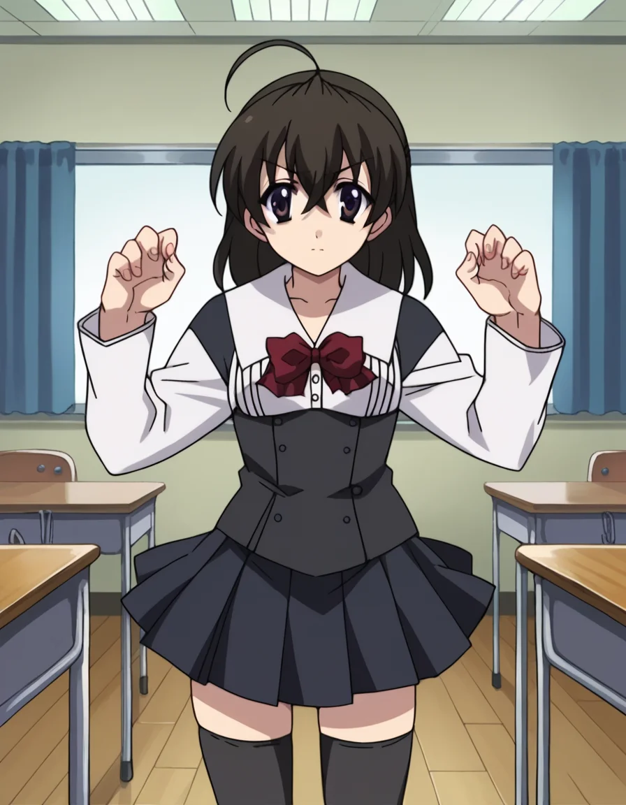 score_9, score_8_up, score_7_up, source_anime,
sekaisaionji, <lora:sekai-saionji-ponyxl-lora-nochekaiser:1>,
sekai saionji, black hair, brown eyes, ahoge,
skirt, thighhighs, school uniform, shoes, black thighhighs, zettai ryouiki,
indoors, classroom,
looking at viewer, cowboy shot, dynamic pose,