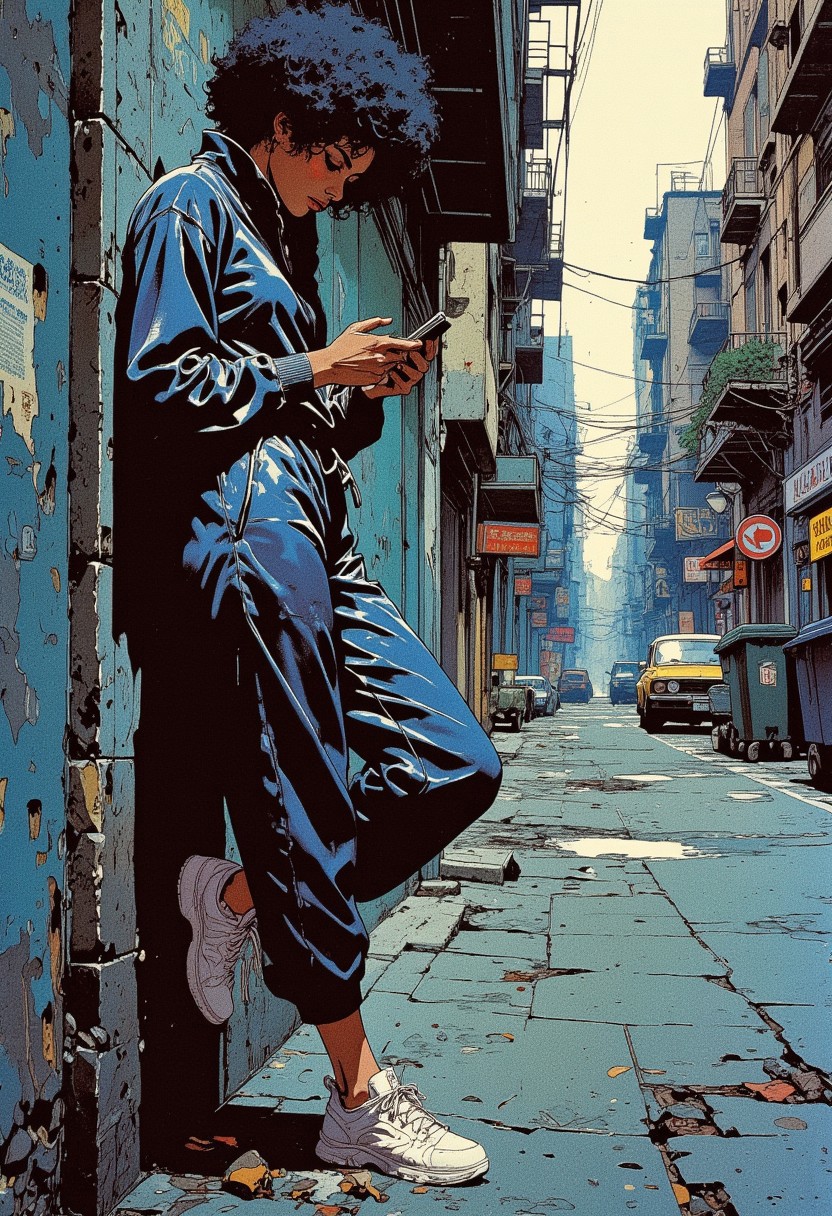 A full-page scan of an old fashion magazine featuring A black woman leaning with her back at a dark concrete-wall of a street slum, looking down on hear smartphone, dark afro hairdo, She is wearing a shiny dark blue acetate track suit, and white sneakers, The walls of the street are, old, dirt. The  perspective shows a town street with some cars parked and garbage bins. Low light from the side, in the style of 1960s fashion