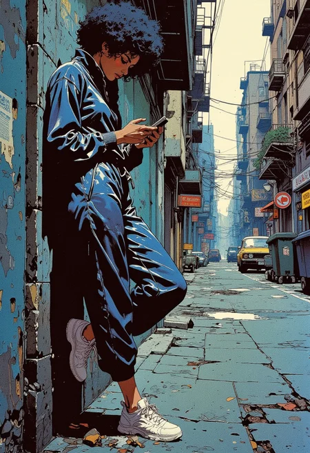 A full-page scan of an old fashion magazine featuring A black woman leaning with her back at a dark concrete-wall of a street slum, looking down on hear smartphone, dark afro hairdo, She is wearing a shiny dark blue acetate track suit, and white sneakers, The walls of the street are, old, dirt. The perspective shows a town street with some cars parked and garbage bins. Low light from the side, in the style of 1960s fashion