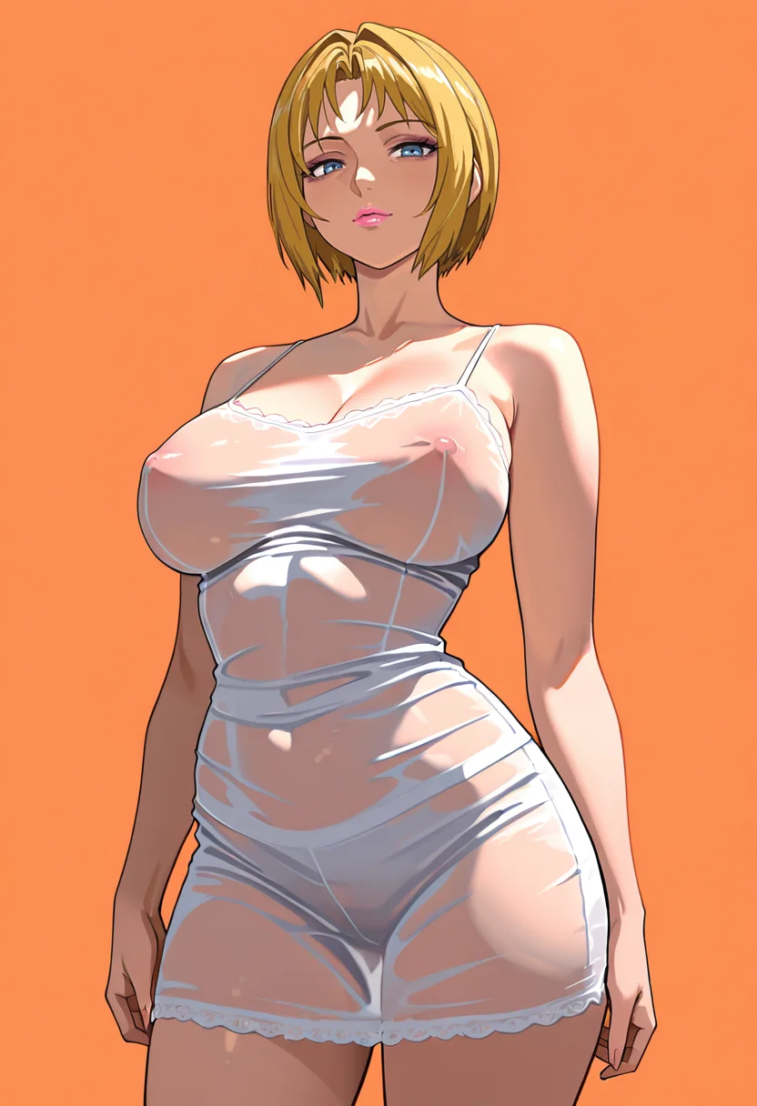 masterpiece, best quality,
1girl, solo,
standing, cowboy shot,
looking at viewer,
<lora:Reika_Kitami:1> R31k4K1t4m1, blonde hair, short hair, large breasts, blue eyes, mature female, lipstick, pink lips, makeup,
white camisole, see-through clothes, covered nipples,
simple background, orange background,