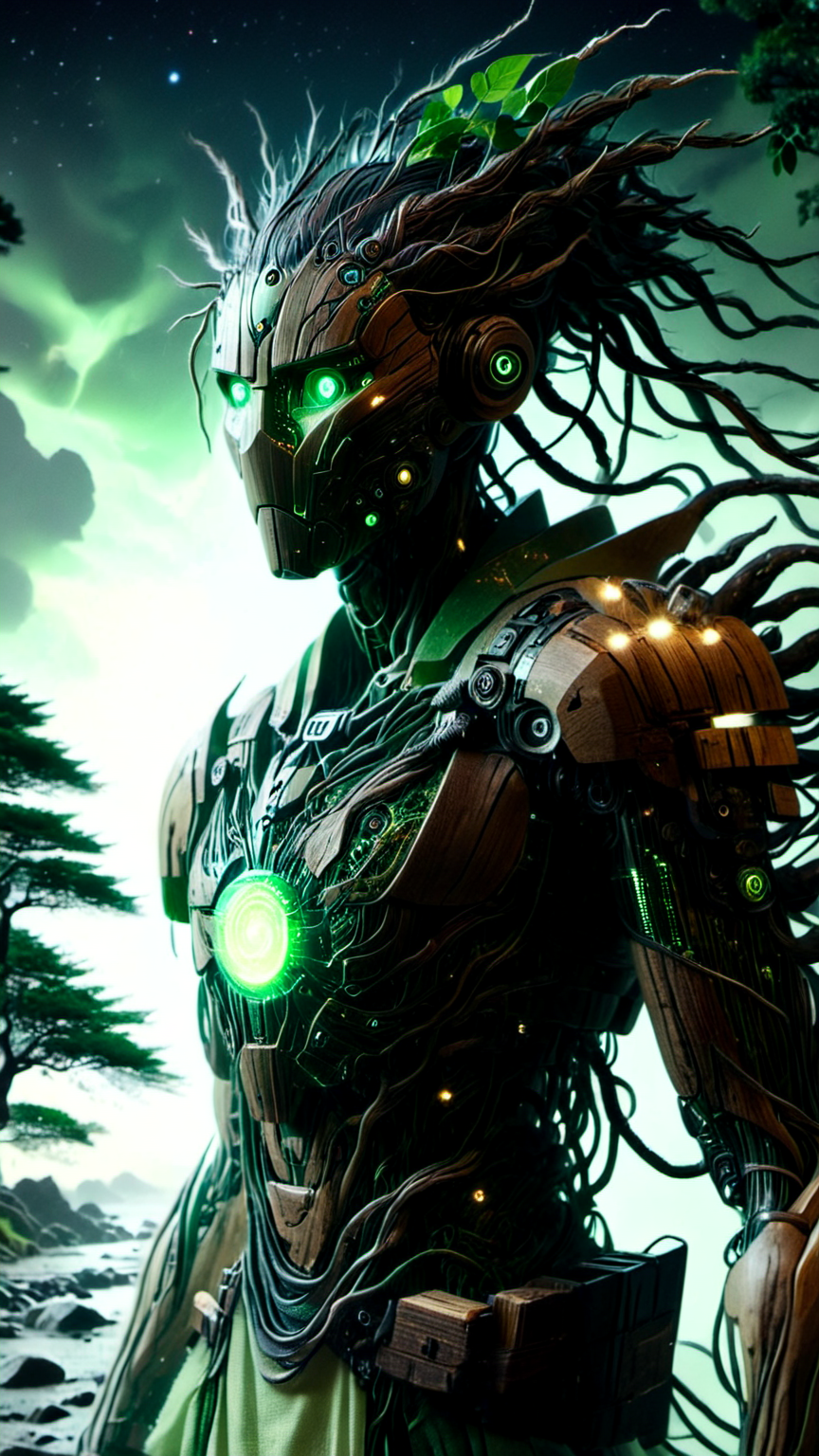Hyperrealistic art cinematic film still photography in the style of detailed hyperrealism photoshoot, a wandering wooden android warrior that is a combination of wood and micro electronics, walking through the street of an ancient traditional Japanese naturepunk town, (nighttime, night shoot, starry sky, dark sky:1.5), (glowing green eyes:1.3), (his wooden body plates has electronic green glowing veins:1.3), covered in glowing roots and wires and vines, small green gems, he holds an ancient scimitar at the ready, bold lines, hyper detailed, shallow depth of field, vignette, highly detailed, high budget, bokeh, cinemascope, moody, epic, gorgeous, film grain, grainy, extremely high-resolution details, photographic, realism pushed to extreme, fine texture, incredibly lifelike,<lora:sd_xl_dpo_lora_v1:1.0>,  <lora:NaturePunk_SDXL:1.0>, Naturepunk,   <lora:Bio-Luminescence:1> bioluminescent, glowing,  <lora:- SDXL - holo_effect_V1.0:1>,  <lora:CyberLight:1> CyberLight