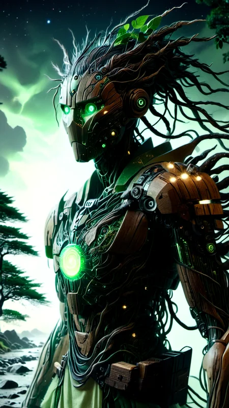 Hyperrealistic art cinematic film still photography in the style of detailed hyperrealism photoshoot, a wandering wooden android warrior that is a combination of wood and micro electronics, walking through the street of an ancient traditional Japanese naturepunk town, (nighttime, night shoot, starry sky, dark sky:1.5), (glowing green eyes:1.3), (his wooden body plates has electronic green glowing veins:1.3), covered in glowing roots and wires and vines, small green gems, he holds an ancient scimitar at the ready, bold lines, hyper detailed, shallow depth of field, vignette, highly detailed, high budget, bokeh, cinemascope, moody, epic, gorgeous, film grain, grainy, extremely high-resolution details, photographic, realism pushed to extreme, fine texture, incredibly lifelike,<lora:sd_xl_dpo_lora_v1:1.0>,  <lora:NaturePunk_SDXL:1.0>, Naturepunk,   <lora:Bio-Luminescence:1> bioluminescent, glowing,  <lora:- SDXL - holo_effect_V1.0:1>,  <lora:CyberLight:1> CyberLight
