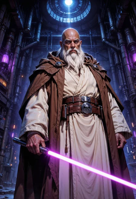 a digital illustration in a high-fantasy sci-fi style, featuring a character from the Star Wars universe. The image showcases a balding, middle-aged man with a long white beard, dressed in a traditional Jedi robe. The robe is white with a brown hood, and he wears a utility belt with various pouches. The character wields a bright purple lightsaber in his right hand, which is extended slightly forward. His expression is serious and focused.
The background is dark and industrial, with a cyberpunk aesthetic. It features dimly lit machinery and a mix of metallic and organic textures. Neon lights in various colors, including purple and blue, illuminate the scene, adding a sense of depth and atmosphere. The camera angle is low, looking up at the character, which emphasizes his imposing stature and the gravity of the moment.
The illustration is highly detailed, with a focus on the textures of the fabric of the robe and the intricate design of the belt. The lighting is dramatic, casting shadows that highlight the character's features and the contours of his clothing. The overall mood is intense and heroic, capturing the essence of the Star Wars universe.