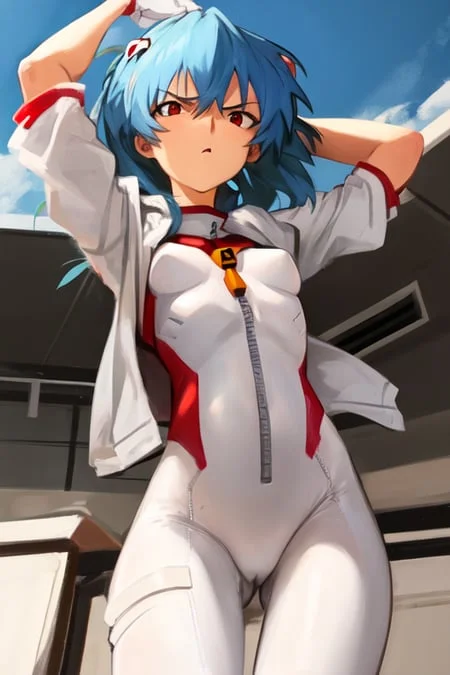 masterpiece, 1girl, ayanami rei, short hair, blue hair, solo, angry, white plugsuit, red eyes, sky, khyle, small breasts