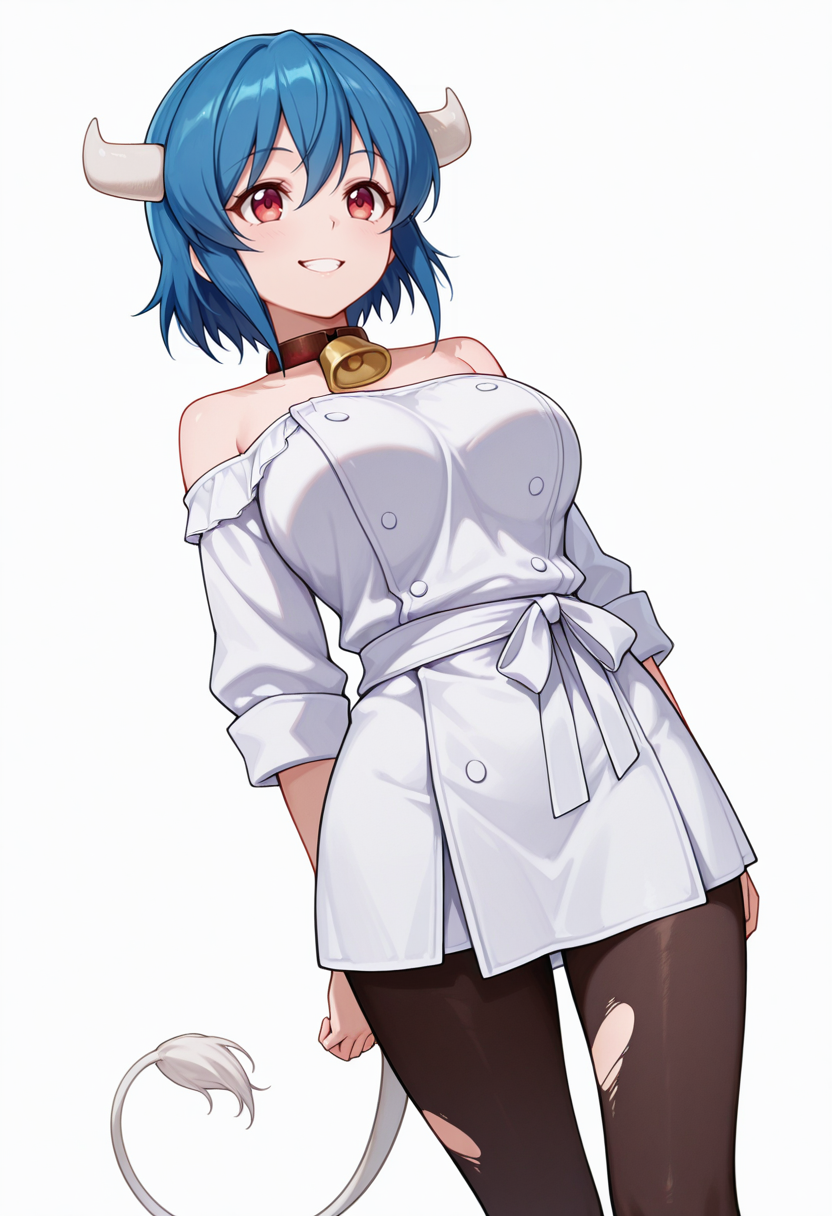 Smooth Quality,masterpiece,very intricate, high quality details, ultra realistic, high detailed skin,detailed enviorement,absurdres,
slit throat,
 <lora:Minos_CNR:0.8> minos_cnr,  1girl, blue hair, short hair, bangs,red eyes, cow girl, cow horns, cow tail, large breasts,, grin,, simple background, white background, dutch angle,solo,, off-shoulder blouse,  ,chef coat,  ,torn pantyhose,  ,
