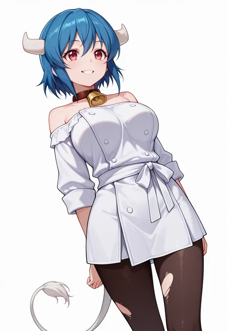 Smooth Quality,masterpiece,very intricate, high quality details, ultra realistic, high detailed skin,detailed enviorement,absurdres,
slit throat,
<lora:Minos_CNR:0.8> minos_cnr, 1girl, blue hair, short hair, bangs,red eyes, cow girl, cow horns, cow tail, large breasts,, grin,, simple background, white background, dutch angle,solo,, off-shoulder blouse, ,chef coat, ,torn pantyhose, ,