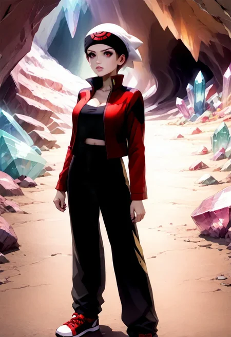 {genderswap \(mtf\), mtf, full body, simple background, standing, ((adult:3.0)), 1woman, adult woman:2.0, solo, full body render, pixie cut, large breasts, bag strap in between breasts, brendan_ruby, black hair, red eyes, white beanie, black headband, yellow fingerless glove, long black with red sleeve jacket, red with black sneakers, black pants, yellow backpack, }
Cryscavemb, crystal, cave, crystal cavern, crystals, 
4kFacePonyXL, 3DMM,