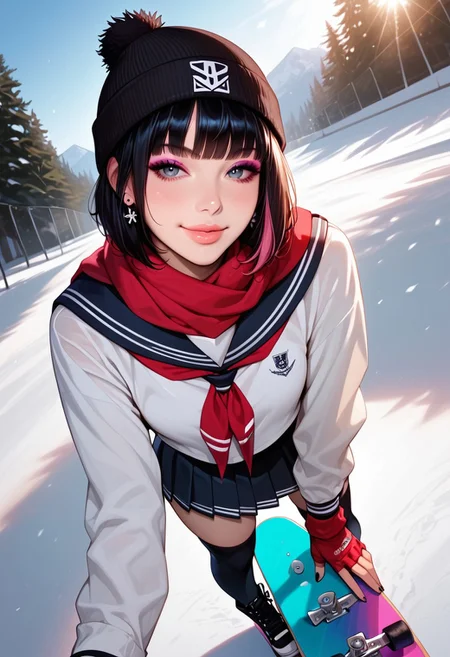 (score_9, score_8_up, score_7_up), best quality, ultra highres, realistic:0.7, solo, girl, 22 year old, silk black hair with pink highlights, straight short hair, hime cut, bangs, big bright eye, flat perky chest, sexy pink lips, half lips, detailed eyes, eyeshadow, shy, cute smile, a quarter closed eyes, BREAK slim figure, tall body, wide hips, shiny pale skin, outstanding style, sexy, pale skin, smart looking, Expressive, standing in ski resort, snowboard, ((standing by snowboard, wearing sailor uniform, pleated skirts, thigh highs boots, beanie, warm scarf, red gloves)), spread legs, legs spread, pensive, light smile, closed mouth, presenting her face, horny, face focus, looking at viewer, eye contact, face focus, tight ass, sexy face, black nail polish, pensive, light smile, closed mouth, presenting her breast, horny, breast focus, foot fetish, relaxed, looking at viewer, eye contact, face closeup, earrings, detailed face, detailed skin, sexy, rim lighting, two-tone lighting, low key, (extremely closed-up, near viewer), god rays of light,