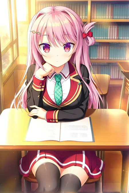 masterpiece,best quality,amazing quality,highres,scenery,newest,1girl,official style,kaguya,hair ornament,bangs,hairclip,pink hair,long hair,hair between eyes,bow,hair bow,red bow,hair intakes,red eyes,hair bun,kaguya school,skirt,red skirt,white shirt,jacket,shirt,necktie,pleated skirt,black jacket,collared shirt,plaid necktie,school uniform,hairclip,hair rings,medium breasts,green necktie,blazer,one side up,black thighhighs,<lora:kaguya:1>,library,hand rest,looking at viewer,desk,legs under desk,sitting,