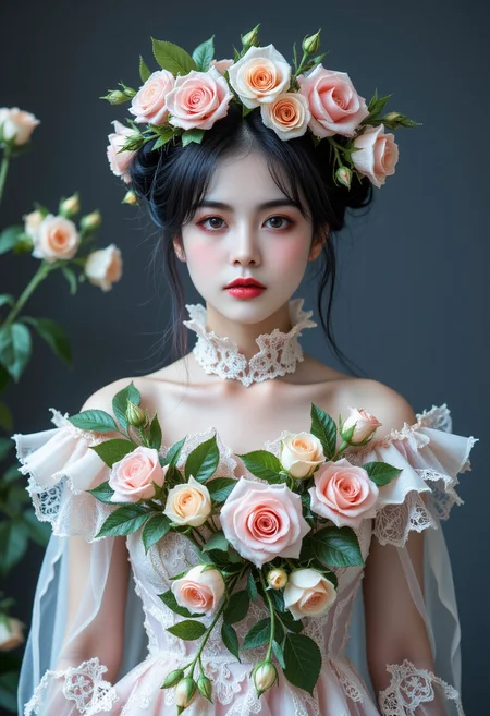 (Zhan Yihung V2:1.4),((black hair:1.2)),((double bun:1.1)),a symmetrical front view,close up shot,soft grey studio backdrop,capturing intricate textures and photo-realistic lighting,
A photo of a young Asian woman as a haunted flower witch,with a gown made of ghostly white petals and her hat decorated with roses that glow faintly. She stands in an ancient garden,her gaze calm and haunting. Shot with a 50mm lens,the moonlight casts a gentle glow,highlighting the details of her floral attire.,
<lora:Fiatist_Skin:0.1>,<lora:Zhan_Yihung_v2:1.5>,<lora:midjourney_whisper_flux_lora_v01:0.5>,<lora:Halloween_portrait_flux:1>,
