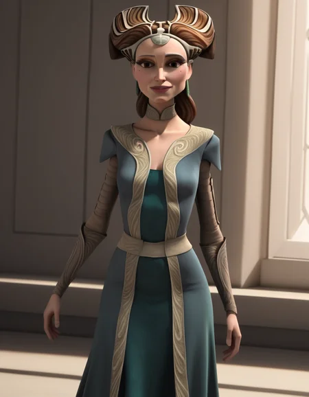 score_9, score_8_up, score_7_up, source_anime,
<lora:clonewars-padme-amidala-s3-ponyxl-lora-nochekaiser:1>, padme amidala, brown hair, brown eyes, realistic, mole, mole under eye, long hair, lips, 3d,
dress, tiara, green dress, collarbone, breast, skirt, long skirt, green skirt, earrings, hair horns,
indoors, smile,
looking at viewer, cowboy shot, dutch angle, solo,