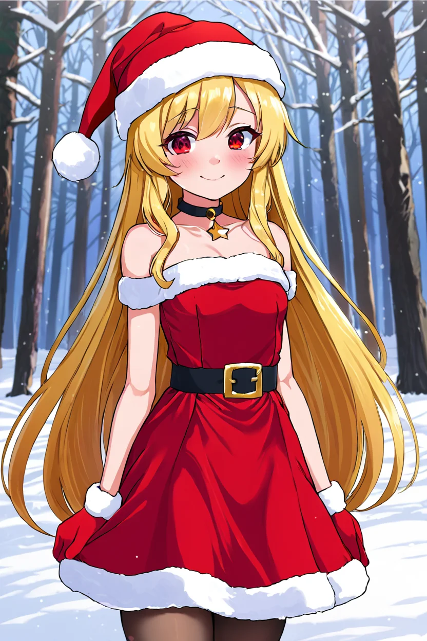 masterpiece, best quality,
long hair, blonde hair, wavy hair, red eyes, flat chest, dress, santa hat, choker, smile, arms behind back,
portrait, snow, forest,