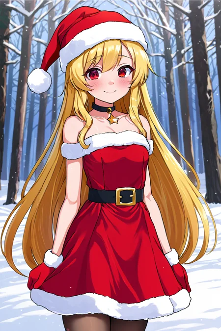 masterpiece, best quality,
long hair, blonde hair, wavy hair, red eyes, flat chest, dress, santa hat, choker, smile, arms behind back,
portrait, snow, forest,