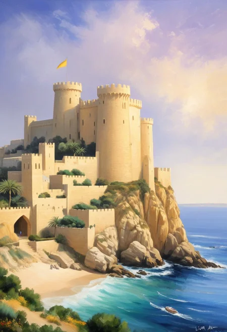 crusader castle at coast in palestine, (13th Century:1.5), dramatic atmosphere, dream scenery art, beautiful oil painting, romantic, beautiful romantic painting, masterpiece, highres, <lora:add-detail-xl:1> <lora:Aros_Castle_Style:1>
