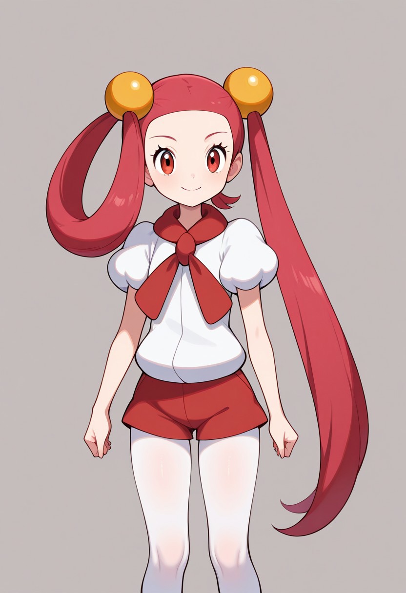 1girl, solo, mira (pokemon), smile, very long hair, pink hair, red hair, hair rings, twintails, hair beads, asymmetrical hair, tied hair, red eyes, red scarf, white shirt, puffy short sleeves, red shorts, short shorts, white pantyhose, legwear under shorts, thighs, standing