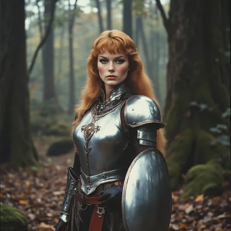 ArsMovieStill, 80s Fantasy Movie Still, The image shows a woman in a silver armor standing in the woods surrounded by trees and leaves on the ground., 1girl, solo, blonde hair, armor, long hair, blue eyes, shield, shoulder armor, gauntlets, realistic
