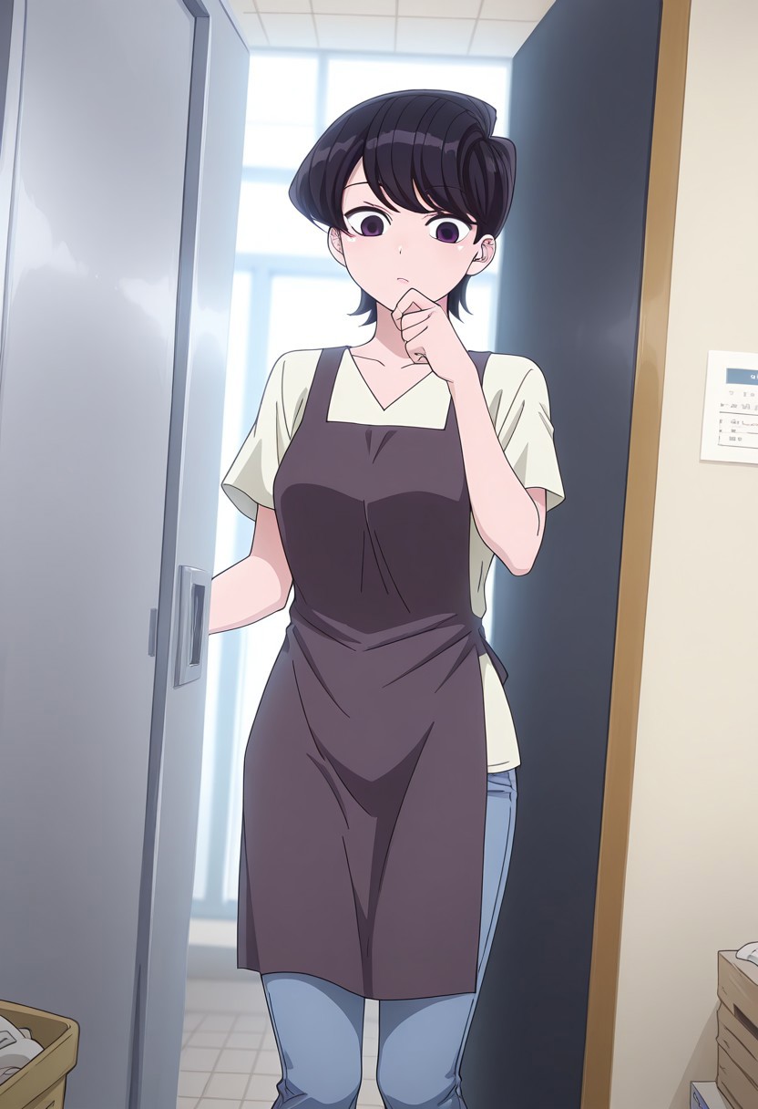Rating 9, Rating 8, Rating 7, Rating 6, Rating 5, Rating 4, Masterpiece, Superior Quality, Amazing Quality, Masterpiece, Highest Quality, Ultra-detailed, Dynamic Angle, Dynamic Composition, Alone, white frame, maximum contrast, saturated color, bright colors, dynamic lighting,
1 girl, medium shot,vibrant colors, high contrast,
komishuukocnn, 1girl,black hair, short hair, bangs, purple eyes,mature female,
shirt, jeans, short sleeves,
wearing a dark gray apron, inside a laundry room, pile of dirty clothes in the background, she is standing, thinking, thinking face,
