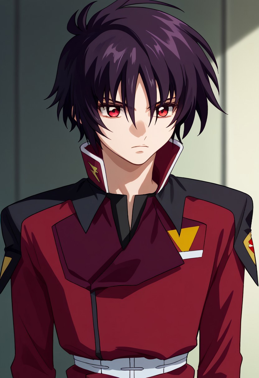 score_9, score_7_up, source_anime 
shinn, 1boy, male focus, solo, red eyes, black hair, uniform, military, military uniform, jacket, red jacket, long sleeves,
indoor
