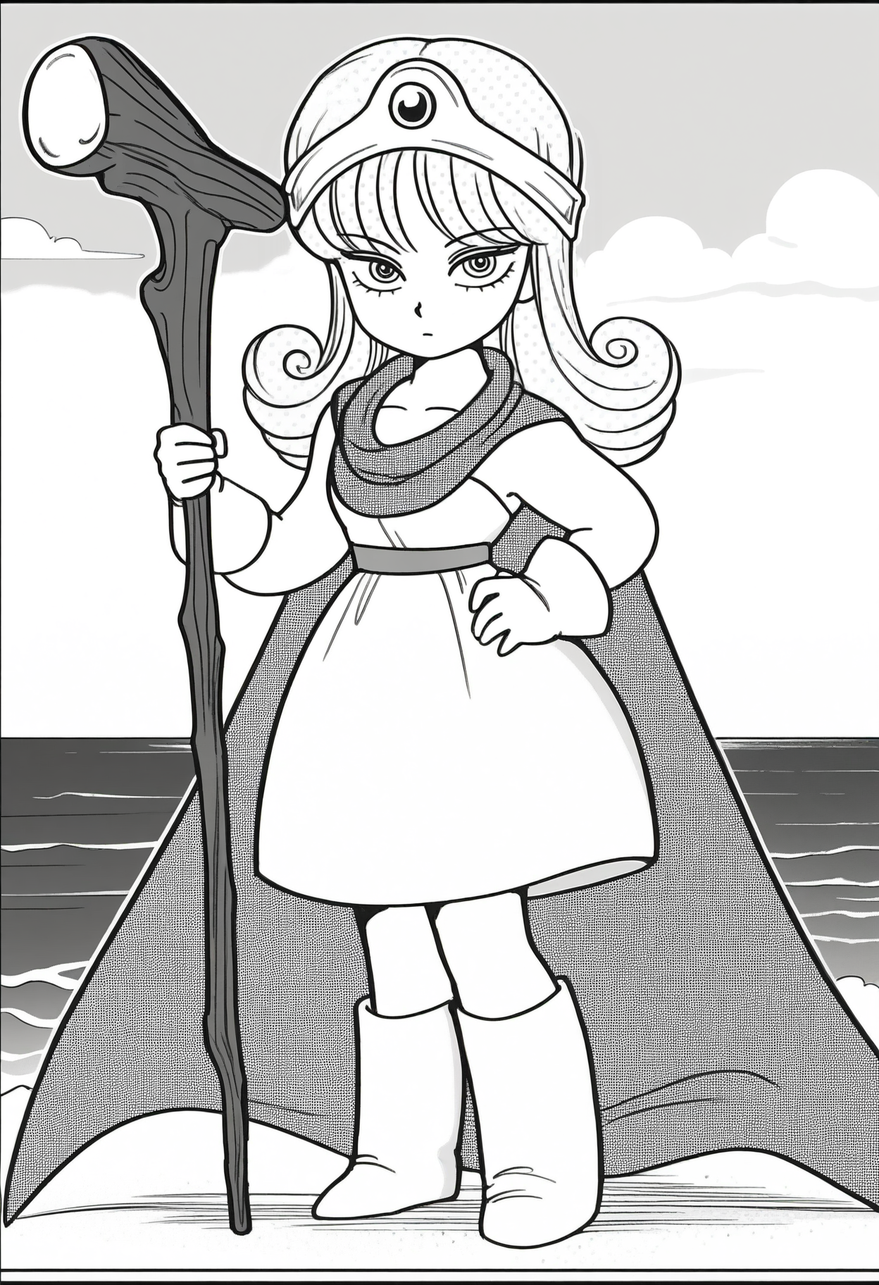 masterpiece, best quality, amazing quality, <lora:kr_sage_IL1.6:1>, monochrome, greyscale, screentones hair, kr_sage, 1girl, long hair, curly hair,
gloves, dress, cape,holding staff,
looking at viewer, 
BREAK beach, sky, cloud, sunlight,